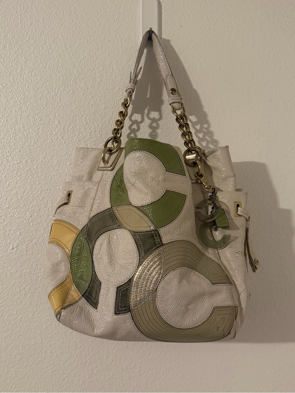 Coach Peyton Inlaid C Green Crinkle Patent Leather Hobo Tote Bag Purse